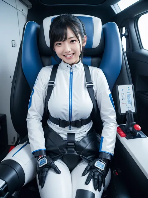 Japanese female android,Black Hair,cockpit,Secured to the seat with a thick harness,Controller in front of the seat,Plump,A little thick,Spread your legs,Squat,White and blue robot suit,Robotic arms and legs,,Laughing with mouth wide open,