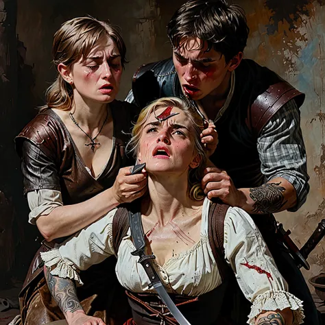 Realism, super quality, action photography style, a defeated woman kneels, her son holds the tip of his sword to the womans throat, knife stab in the throat, boy holding his hand on her chest, Her head is thrown back strongly.., the woman has a large manly...