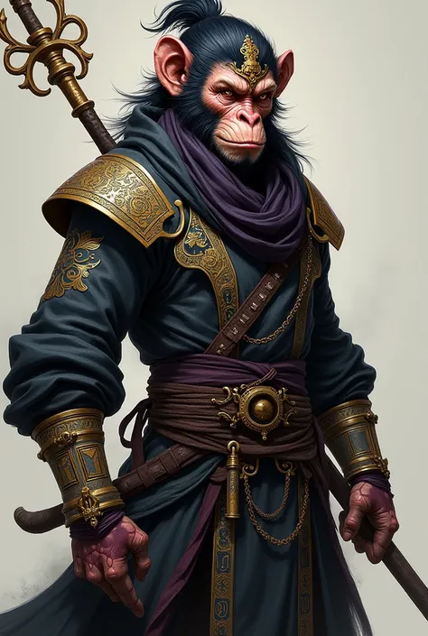 in style of Boris Groh，in style of Aleksi Briclot, character concept design,，assassin，Has a monkey face，Inspired by《Black Myth：Wukong》Wukong的形象，Cold、Vicissitudes，His face is well-defined，Strong lines，Revealing a kind of perseverance。The eyes are deep and s...