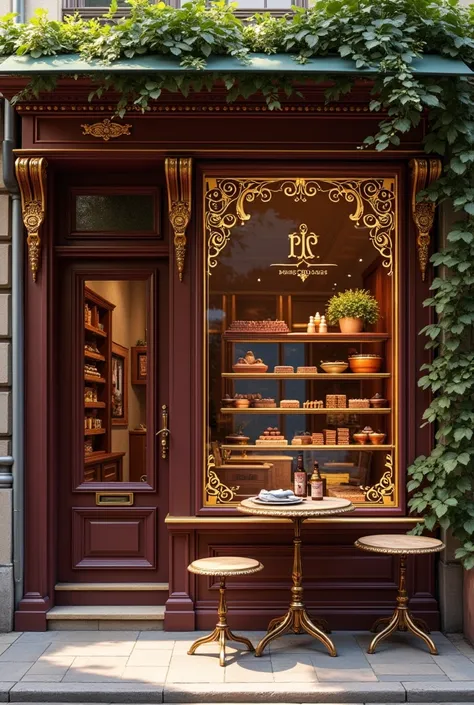 Create a chocolate shop with a display window, with gold details, add 2 tables outside, and put a cover on the outside