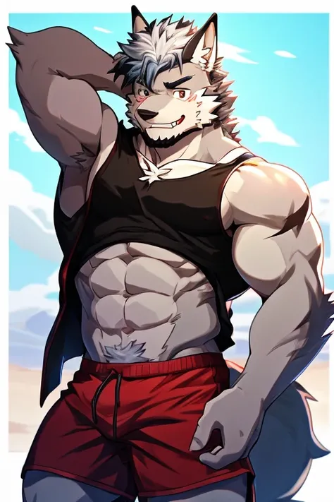 A Side picture of A Muscular Kemono Furry Gray Wolf. He is only wearing A Black and red shorts. His hand is sticking together above his head . The background is white. He have Gray spikey hair. He is looking at the viewer. His eyes are red and little white...