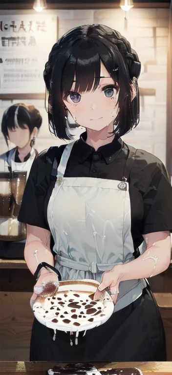 (must be follow these prompts:2.2),masterpiece,best quality,extremely detailed,(in her clothing:2.5),(A Japanese female waitress in a black apron and uniform for a coffee shop, stained with semen:2.1),(Black hair bob hairstyle:2.3),(The female cafe attenda...