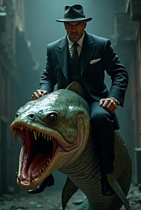 Portrait of a male gangster riding a snakehead fish