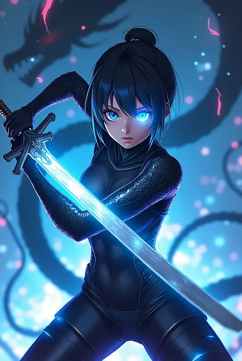 High contrast, anime screenshot, cyberpunk, blue-eyed female humanoid, one mechanical eye, glowing sword, lightning effects, dragon-like background, neon aura