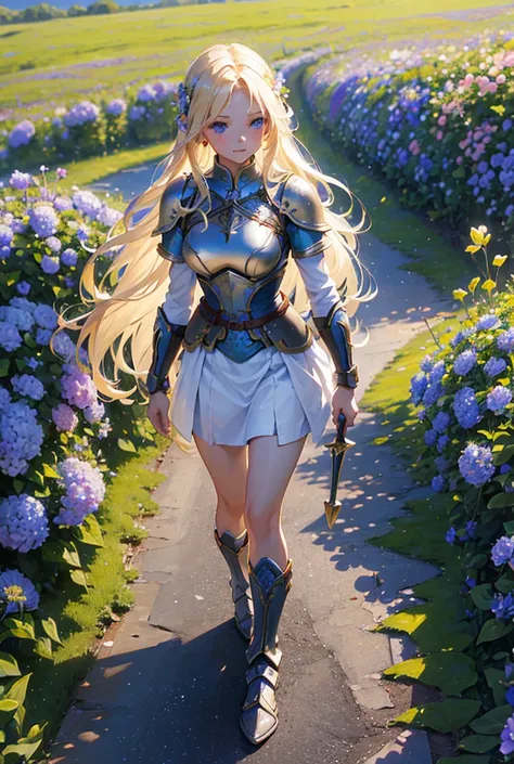 Masterpiece, Best Quality, Detail, A beautiful warrior breastplate long blonde hair blue eyes small breasts she walks happily through a flower meadow to start her adventure journey