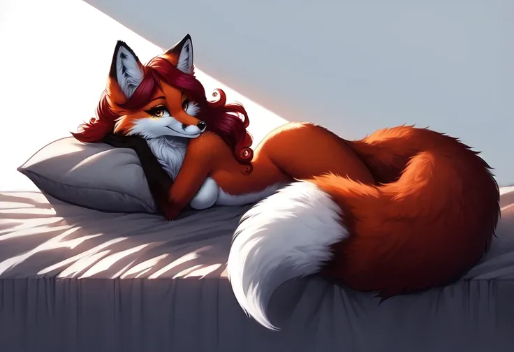 there is a cartoon fox laying on a pillow on a bed, very very beautiful furry art, a beautiful fox lady, furry art!!!, relaxed pose, art of silverfox, furry art, foxgirl, pov furry art, an anthro fox, fursona art, commission for high res, furry fantasy art...