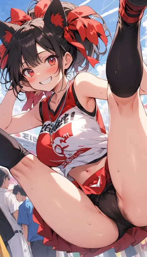 beauty　Black Hair　smile　Embarrassed　blush　sweating　tits　Butt　Cheerleader　Grab a pom-pom　skirt　Black underwear　stand　Kick one leg high　Leg spread　pubic hair　sports festival