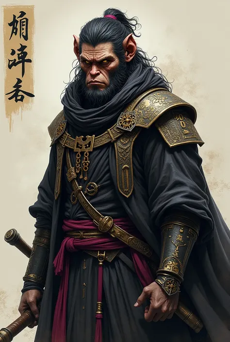 in style of Boris Groh，in style of Aleksi Briclot, character concept design, half body，assassin，Has a monkey face，assassin联盟服装，Hooded Cape，black，smoke，Rising，Inspired by《Black Myth：Wukong》Wukong的形象，Cold、Vicissitudes，His face is well-defined，Strong lines，Re...