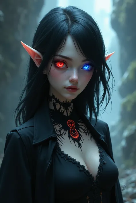 Create an image of a 1 male Elf with medium length hair, a demonic mark on the neck, one red eye and one crystal blue eye.