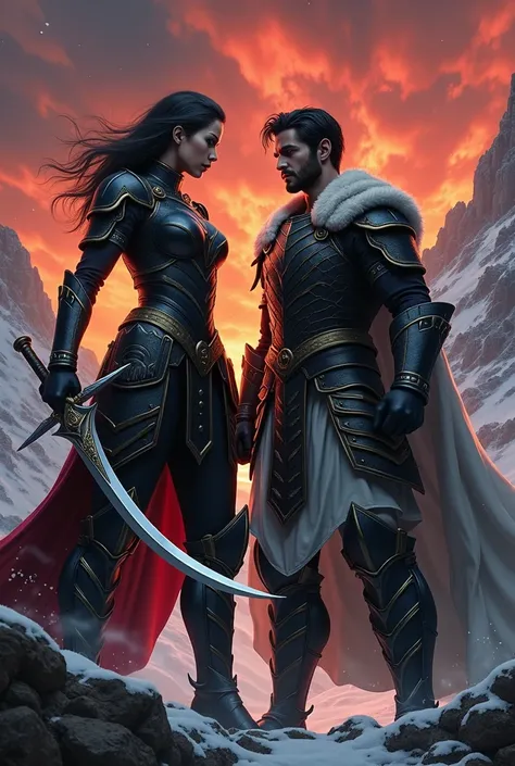 hadsome fantasy warrior black hair front view warrior man holding sword black hair, epic cinematic scene