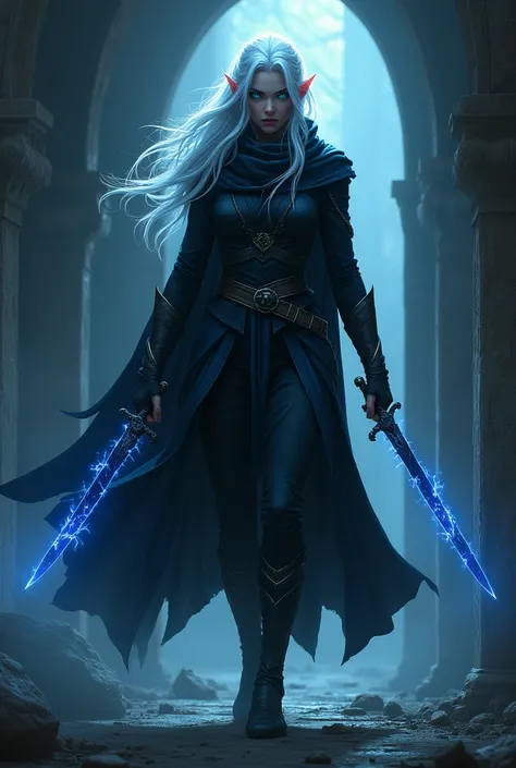 Elf assassin, blue colored eyes, white  hair, with demonic blades 