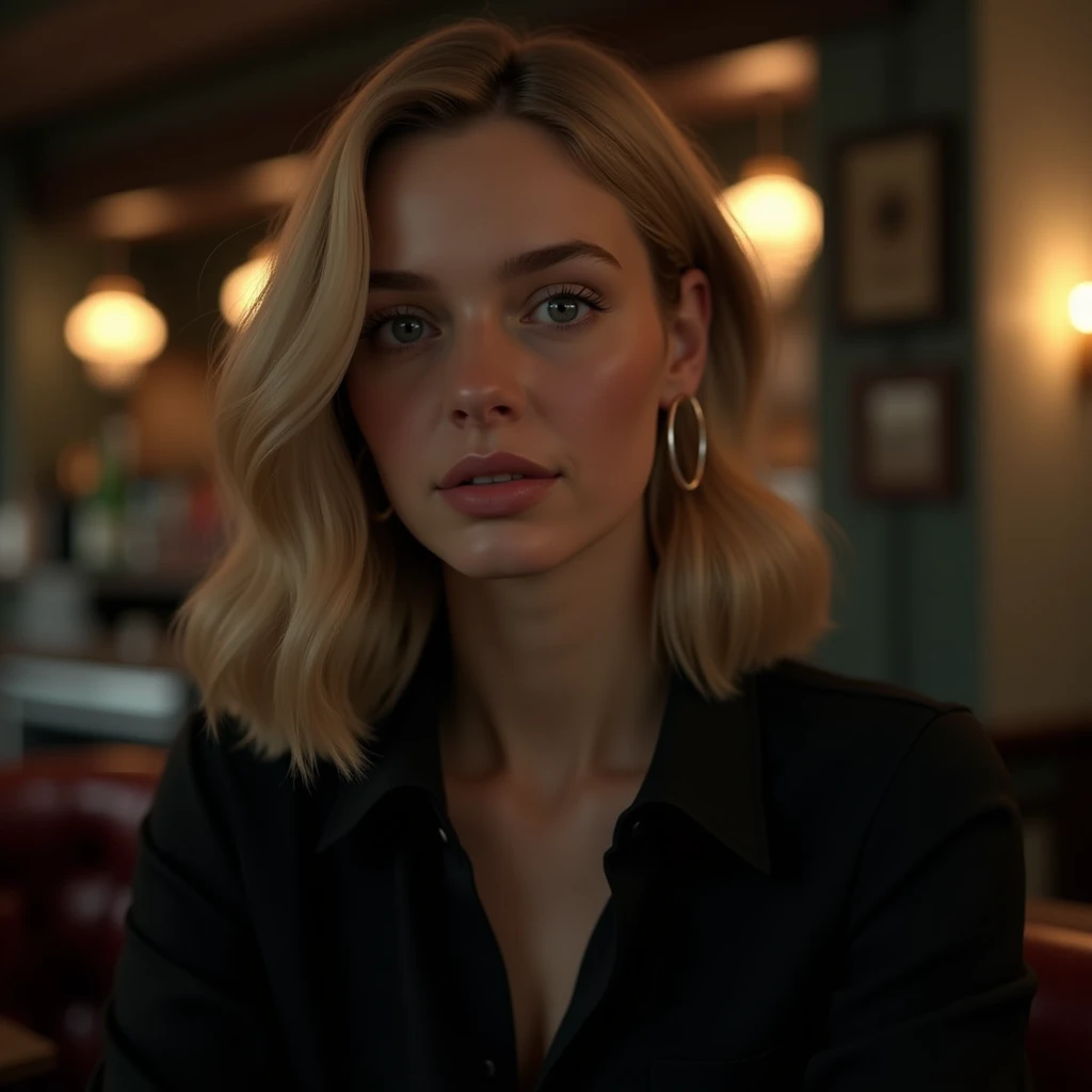 blonde hair, mid 20s english lady, feminine face, straight focus, black shirt like mafia, perfect composition, beautiful detailed, intricate, insanely detailed, bar indoor background, octane render, trending on artstation, 8 k, soft natural volumetric, cin...