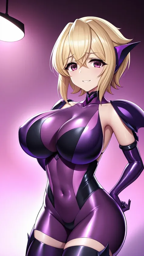 Erotic　Symphogear　Cut songs　Blonde Pixie Cut　Purple latex rubber suit high heels heart bedroom love hotel purple lamp light dark theme evil fallen temptation excited condescending evil grinning face yandere trance standing upper body