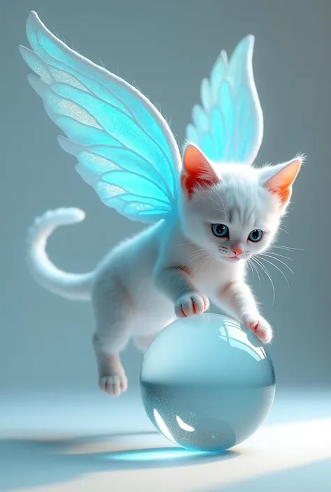 The shiny light blue winged cat plays with the cool crystal ball
