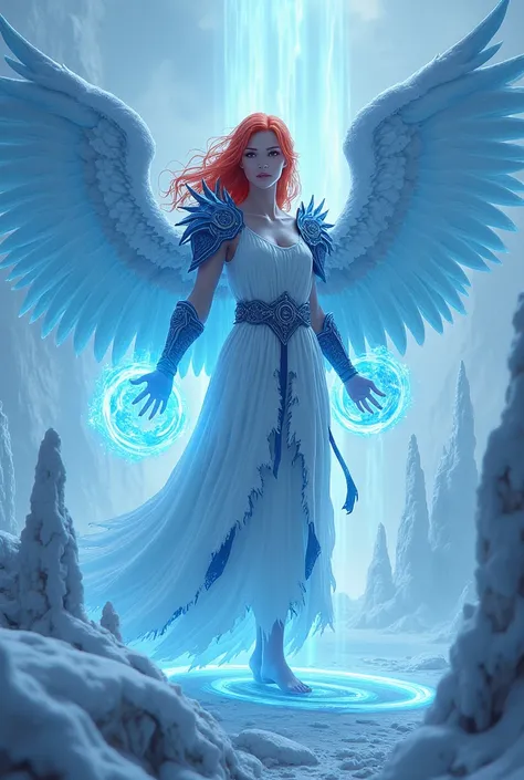 (((1 girl)))，imperial water，magical，（loose dress：1.5），（perfect facial features：1.4），（blue armored dodger dresysterious magic set：1.2），blue flare，（Icy wings），(((Powerful Ice Magic)))，(((icicle)))，Towering above the Tuuli，blue light, cool light，(((Ice storms...