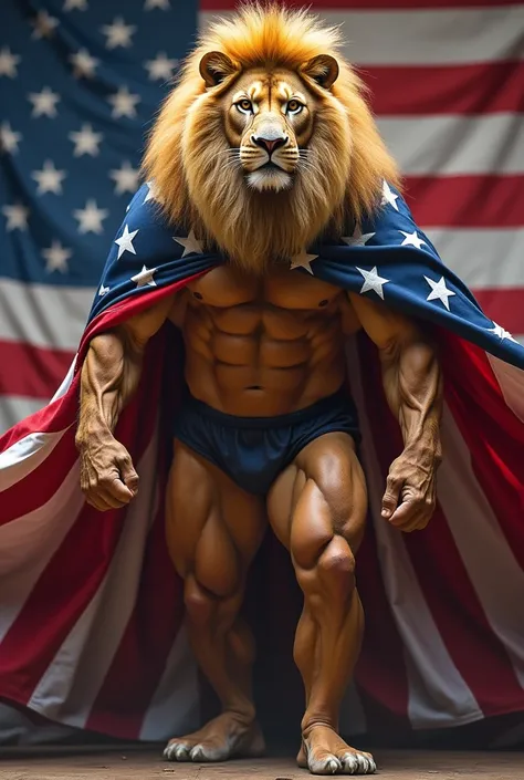 Create a powerful image of a lion with an impressive, muscular physique, embodying the strength and determination of a bodybuilder. The lion should be standing proudly, flexing its muscles, with an American flag draped over its shoulders like a cape. The b...