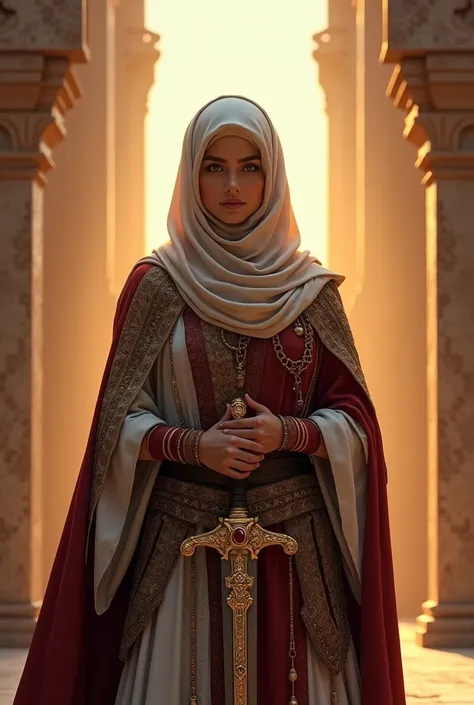 A regal Muslim queen warrior, dressed in a richly adorned hijab and a flowing cloak, holding a sword with a jeweled hilt. She stands in front of an ancient Islamic palace, with tall minarets and intricate arches framing the scene, the sun casting a warm gl...