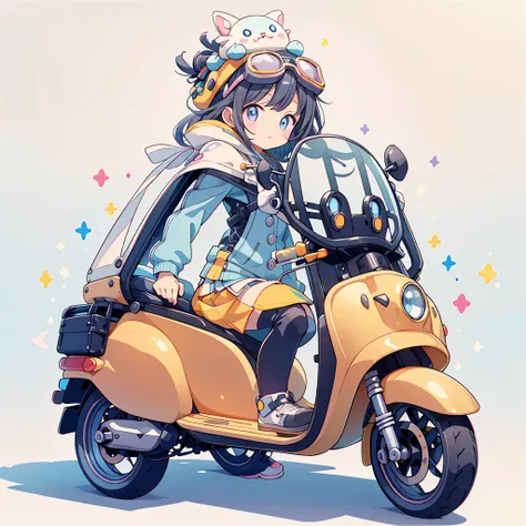 Highest quality、Masterpiece、Big goggles on your head、A cute, futuristic pastel-colored scooter、A cutely designed rider suit、White background、Poster