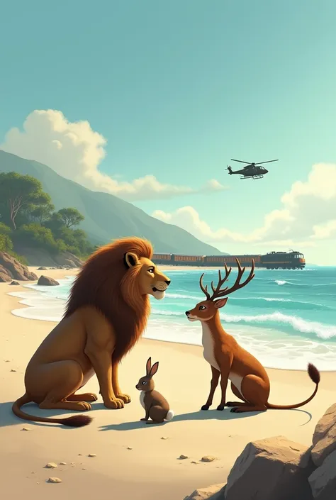 A lion and deer sitting in beach and train in left side and helicopter in sky and with rabbit in infront of lion and deer 