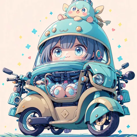 Highest quality、Masterpiece、Big goggles on your head、A cute, futuristic pastel-colored scooter、A cutely designed rider suit、White background、Poster