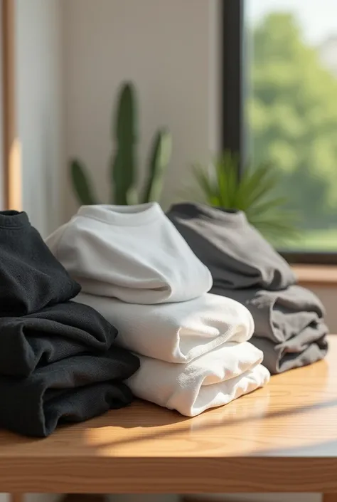  A realistic, high-resolution image of three oversized t-shirts neatly folded and placed on a wooden table. The t-shirts are of various solid colors (black, white, and grey), and each one is unwrapped, revealing their large size. The t-shirts have no logos...