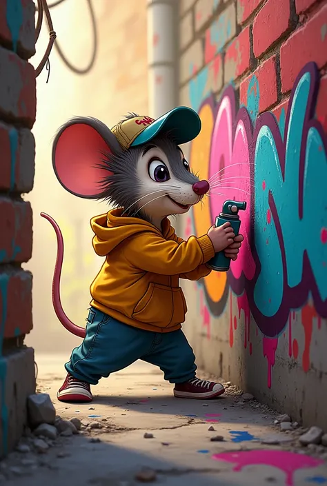 Please create a graffiti character, a humanoid mouse with a cap forward, graffitiing in cartoon style