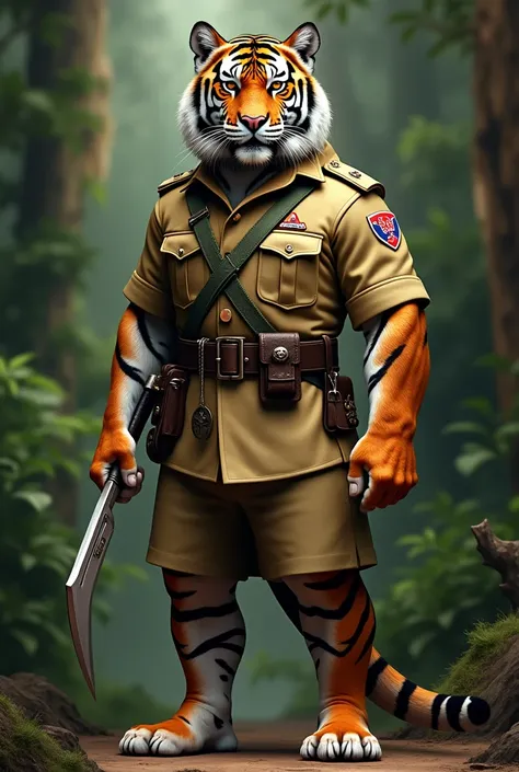 make me a tiger standing wearing an Indonesian scout uniform and trousers and carrying a kujang in his hand