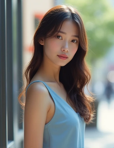 
 **Portrait of a woman**:
   "A realistic portrait of a young woman with long, wavy brown hair. She wears a simple, elegant dress in light blue and stands in front of a soft, blurred background, in the city of tokyo. Her facial expression is gentle and th...