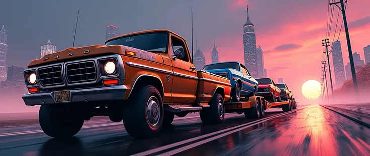 Banner in the style of GTA san andreas. large format, detailed, ultraditals. The banner depicts a pickup truck with a trailer that is transporting three cars. (the open three) .