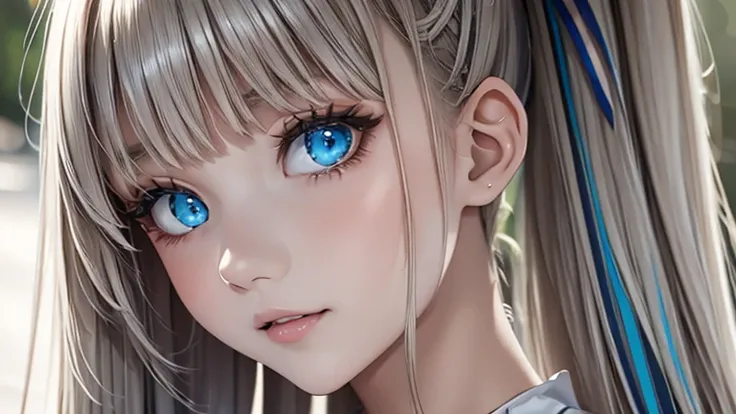 master piece,highres,4k.8k,Lifelike:1.5,Close-to-reality1.3,
Greige hair, ((highlights hair, Blue streaked hair:1.0)),braided bangs,high ponytail,
turquoise blue eyes,
glamorous,
eighteen years old,
happy,1girl,
contrapposto,waving,
break,
off-the-shoulder...