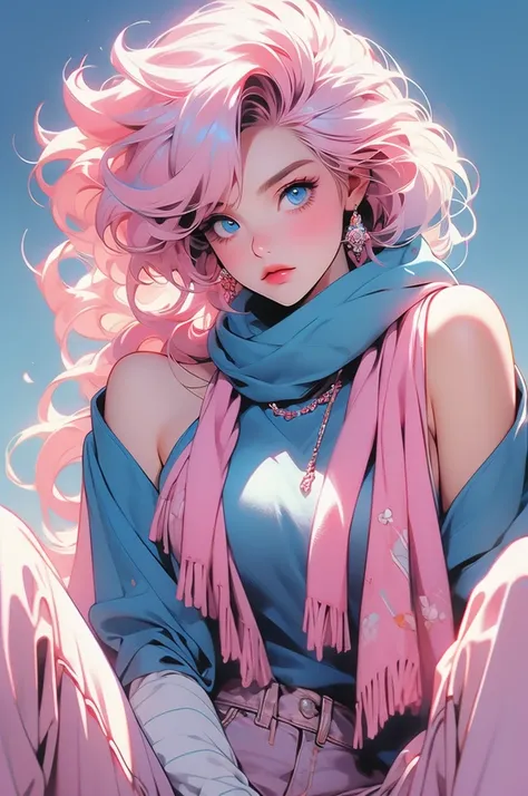 1 girl, mc, jeans, cool, pink hair, blue eyes, 80s, cool pose, scarf, colorful sweater, exposed shoulders, winking