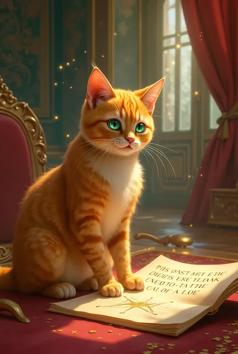 Felix, an elegant golden cat, is helping Princess Aurora solve a riddle in the palace.