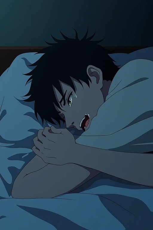 Man lying in bed crying Anime Crying a lot indeed 