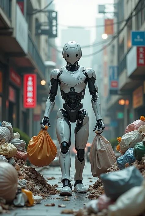 A AI Robot which looks like a human cleaning the society by collecting garbages and separate its various types and stores in garbage van it takes a place of municipality cleaning members it has some collection of garbages in garbage van