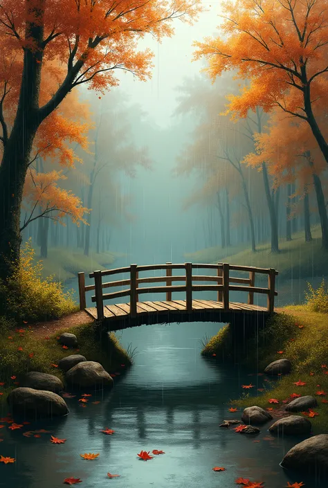 autumn，Great Forest，Small wooden bridge，Rainy Scene