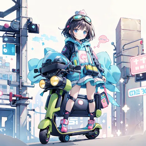 Perfect Anatomy、Highest quality、Masterpiece、Big goggles on your head、A cute, futuristic scooter in pastel colors、A cutely designed rider suit、White background、Poster