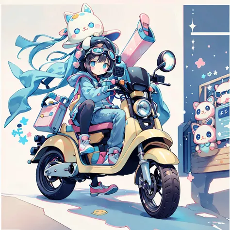 Perfect Anatomy、Highest quality、Masterpiece、Big goggles on your head、A cute, futuristic scooter in pastel colors、A cutely designed rider suit、White background、Poster