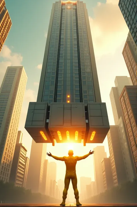 A person with powers using his mind to move a building in a yellow suit