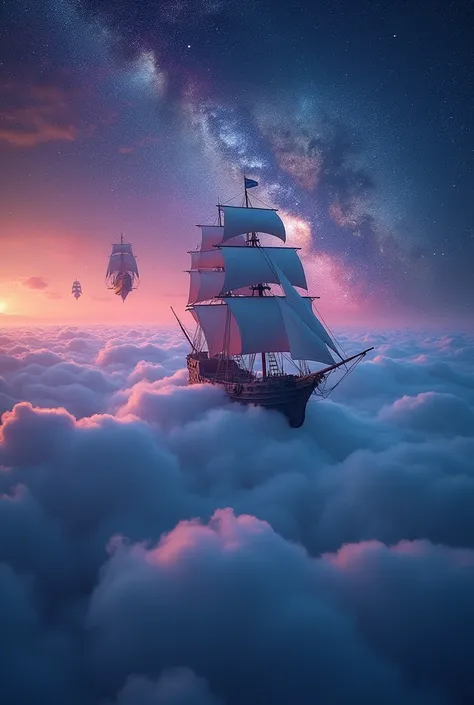 Realistic photo of Portuguese black ships flying in the middle of the starry sky, Celestial, Colorful stars々が輝くNight Sky, Fantasy Theme, Ship sailing above the clouds, Ships appearing from the sky, Clearly visible ghost ship, Cinema Lighting, Vivid lightin...