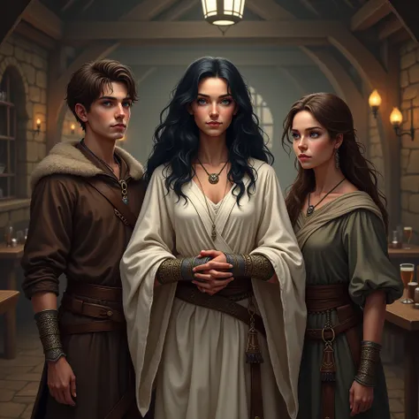 The setting is a tavern in a medieval fantasy world. I want to create the following characters. In the center, the archmage with a more serious face and wearing light clothing and long bracelets with fine metal details.. She has wavy black hair and deep bl...