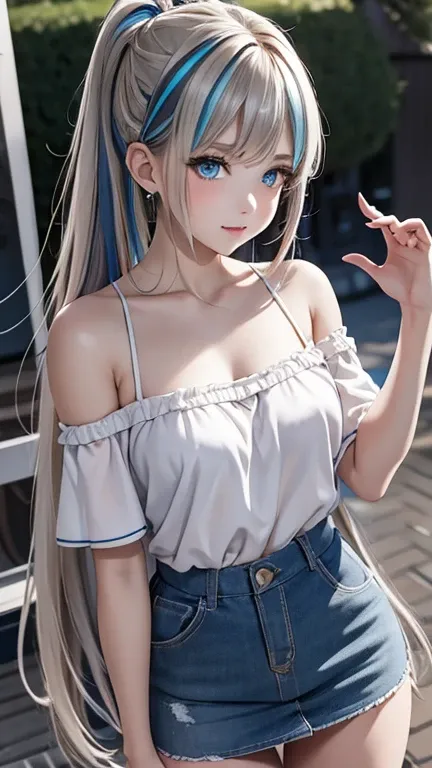 master piece,highres,4k.8k,Lifelike:1.5,Close-to-reality1.3,nsfw:1.7
Greige hair, ((highlights hair, Blue streaked hair:1.0)),braided bangs,high ponytail,
turquoise blue eyes,
glamorous,
eighteen years old,
happy,1girl,
contrapposto,waving,
break,
off-the-...