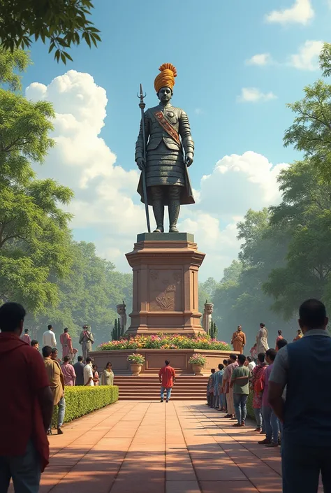 "A solemn scene depicting a memorial to Tipu Sultan in Mysore. A statue of Tipu, in traditional armor and turban, stands tall in the center of a peaceful garden, surrounded by lush greenery and flowers. People of various ages and backgrounds are seen payin...