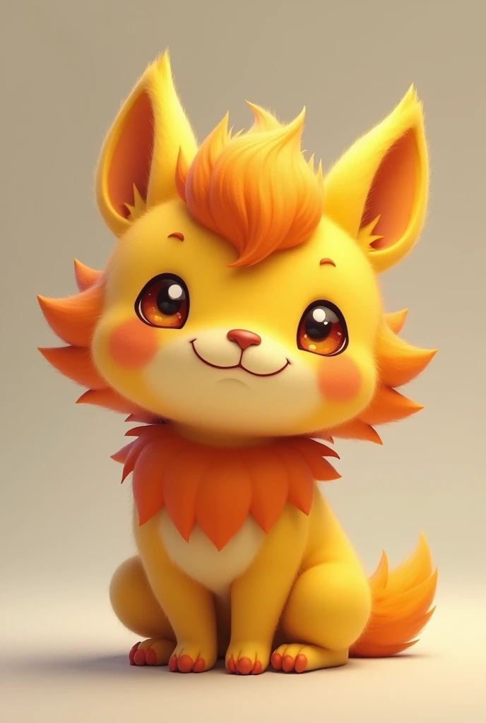 A smiling, slightly dull yellow critter with a dull orange mane and a sunset collar. 