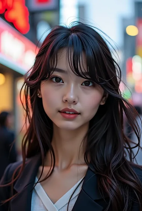 beautiful Japanese woman,double eyelid,clear skin,round face,long face,Swept bangs,in the tokyo,short by DSLR,Adoravle 1,head shot,from front,long hair

