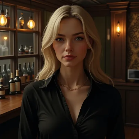 blonde long hair, mid 20s english lady, feminine round face, stocky body, straight focus, black shirt like mafia, perfect composition, beautiful detailed, intricate, insanely detailed, bar indoor background, octane render, trending on artstation, 8 k, soft...