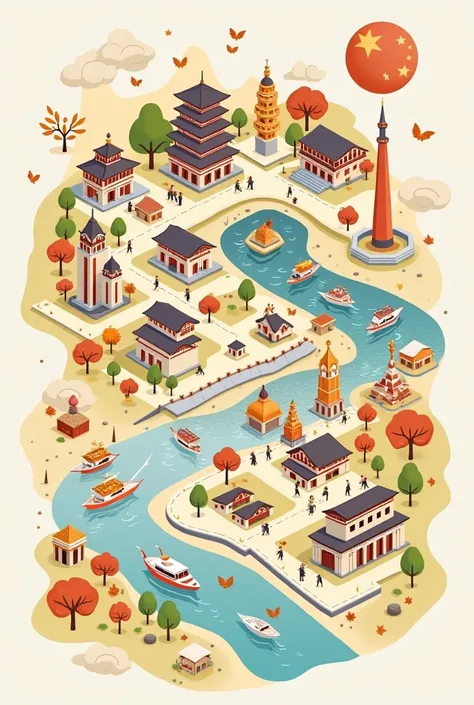 Generate a map with Changchun attractions、Flat illustration background map of Yanji characteristics，autumn