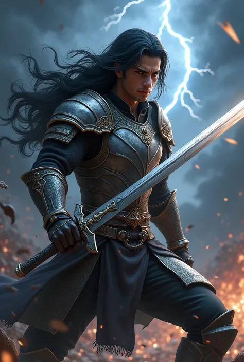 young handsome warrior with flowing black hair, wearing intricate fantasy armor, in a dynamic action pose, holding a gleaming sword with both hands. full body pose, The scene is an intense battle set against a dark, stormy backdrop with flashes of lightnin...