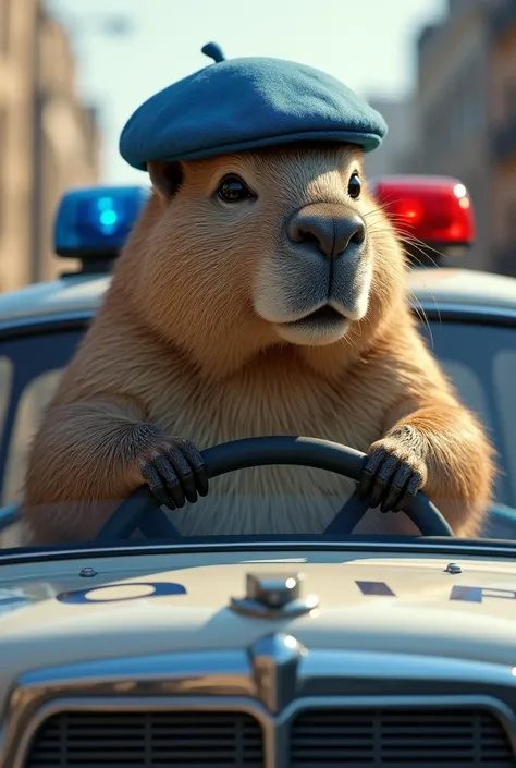 generate an image of a fat capybara wearing an axul beret driving a police car