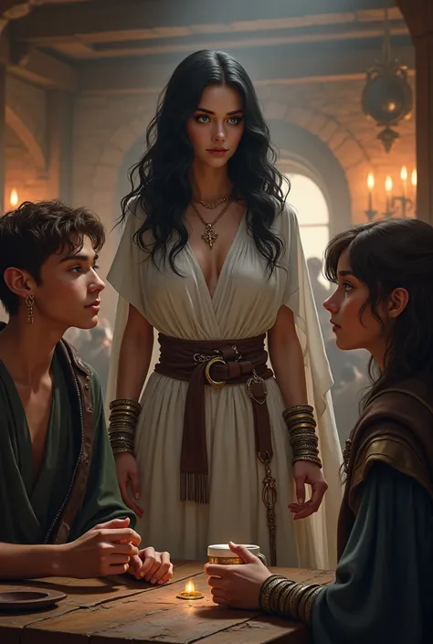 The setting is a tavern in a medieval fantasy world. In the center, the archmage of about 3 with a more serious face. She wears light clothing and long bracelets with fine metal details.. She has wavy black hair and deep blue eyes.. Beside him a young man ...