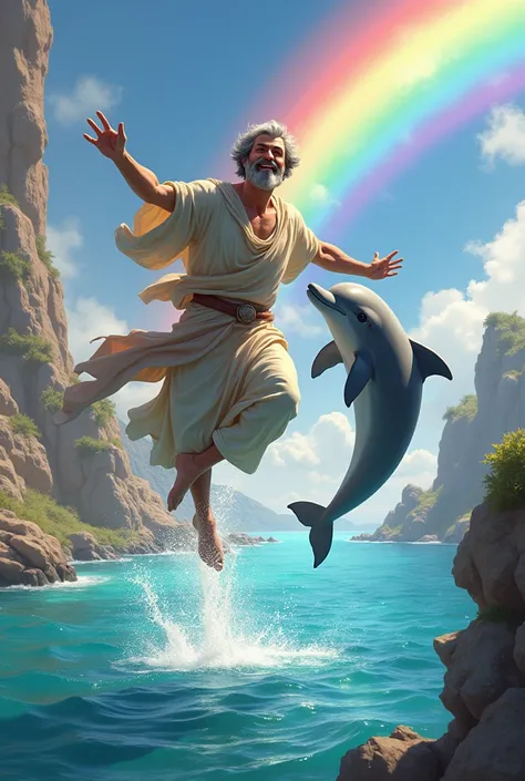 Create an image of Aristotle jumping with a dolphin, add a rainbow, many colors and shine add MANY COLORS